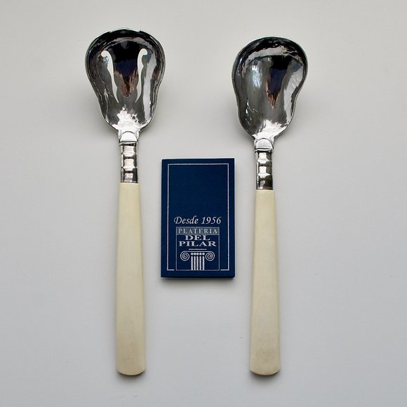 Sterling Silver 925 with Natural Horn handle Serving Spoons Set 2 - Picture 2 of 13